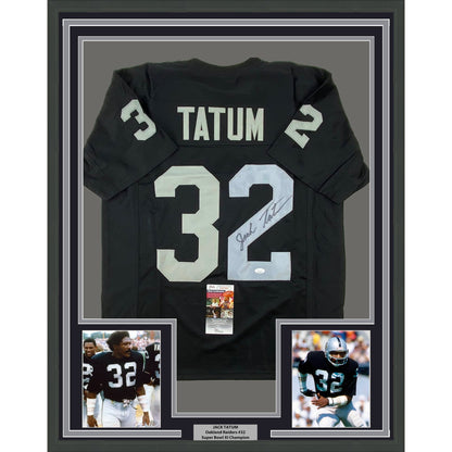 Framed Autographed/Signed Jack Tatum 35x39 Oakland Black Football Jersey JSA COA #1