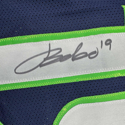 Framed Autographed/Signed Jake Bobo 35x39 Seattle Blue Football Jersey JSA COA