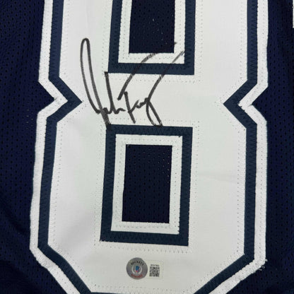Framed Autographed/Signed Jake Ferguson 35x39 Dallas Blue Football Jersey Beckett BAS COA