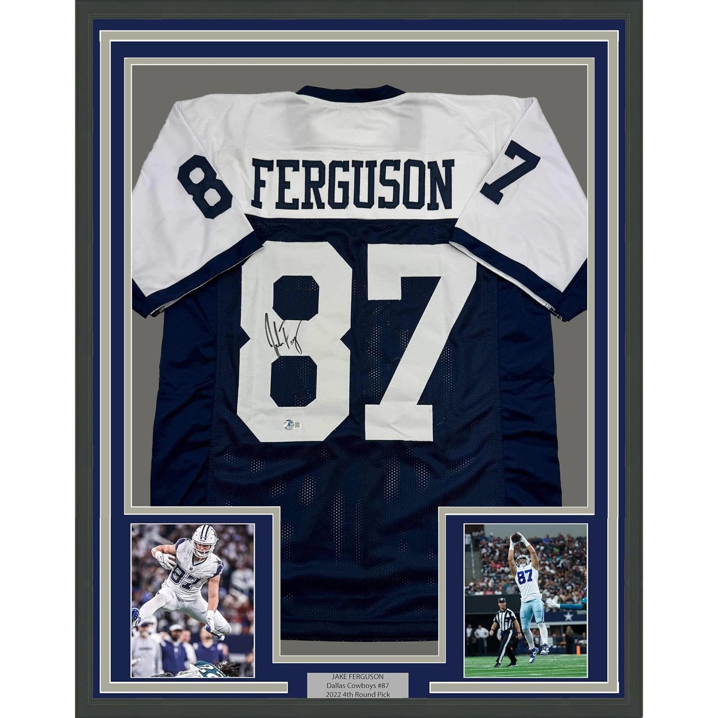 Framed Autographed/Signed Jake Ferguson 33x42 Dallas Thanksgiving Football Jersey Beckett BAS COA