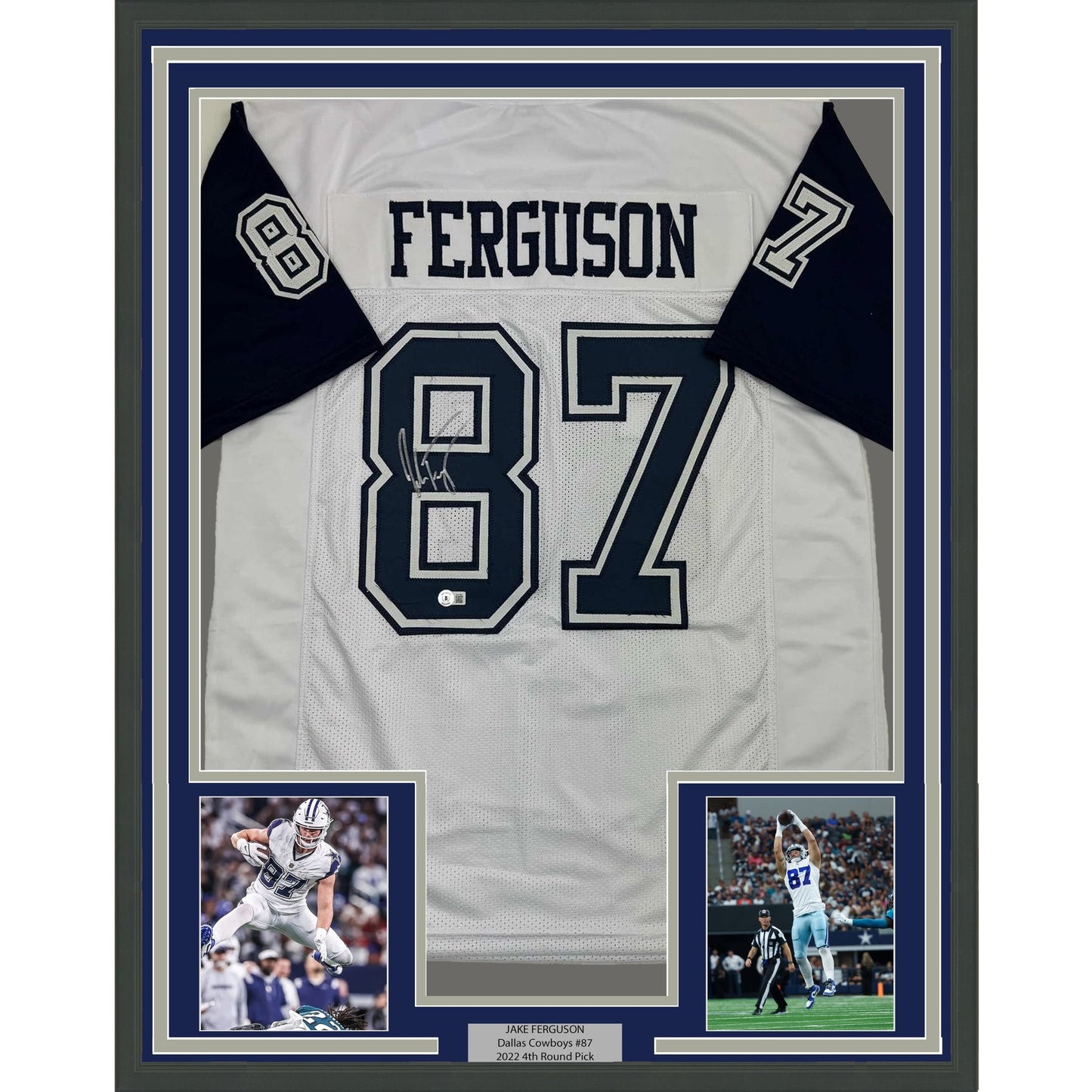 Framed Autographed/Signed Jake Ferguson 35x39 Dallas White Color Rush Football Jersey Beckett BAS COA