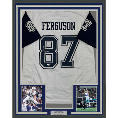 Framed Autographed/Signed Jake Ferguson 35x39 Dallas White Color Rush Football Jersey Beckett BAS COA
