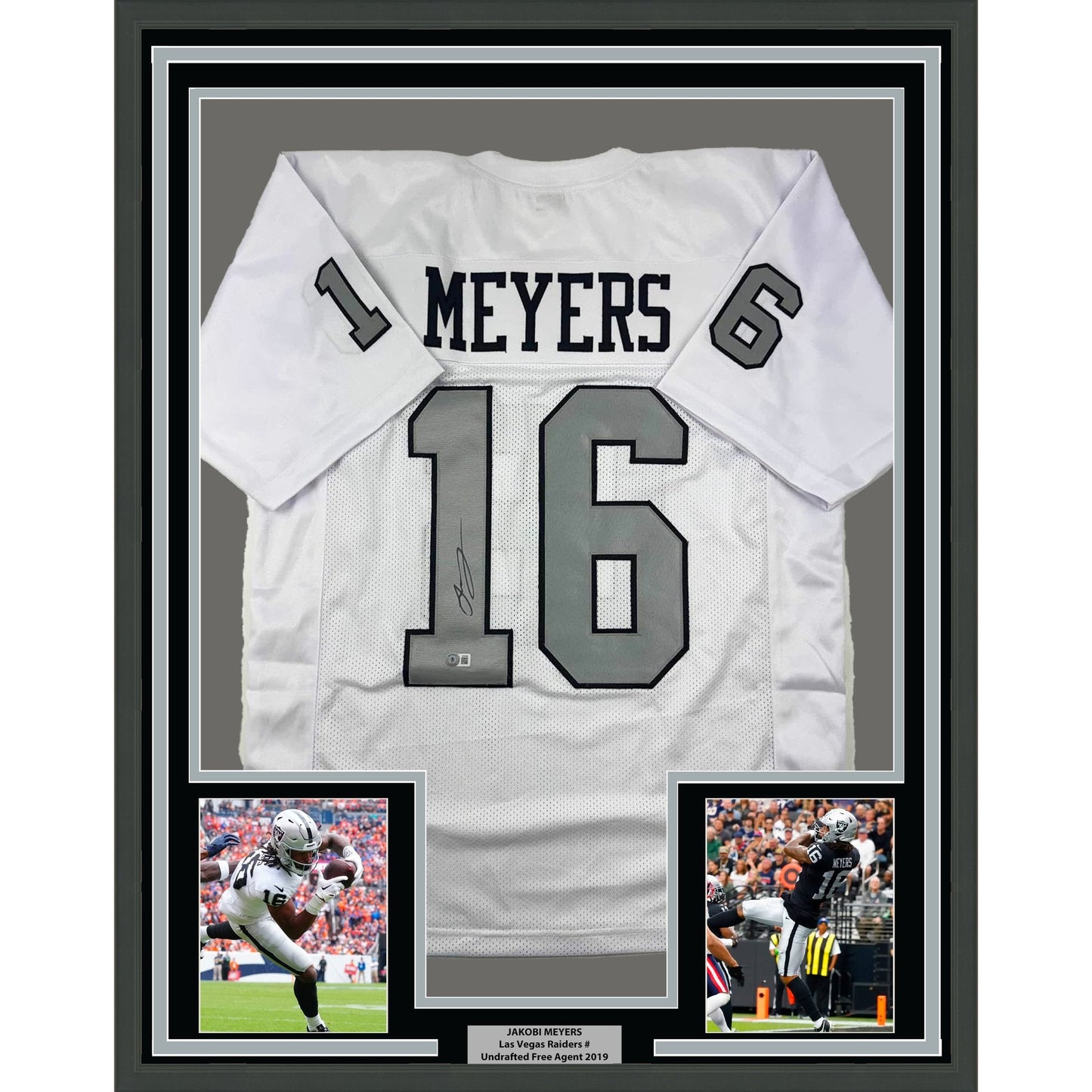 Framed Autographed/Signed Jakobi Meyers 35x39 Las Vegas Oakland White Color Rush Football Jersey Beckett BAS COA