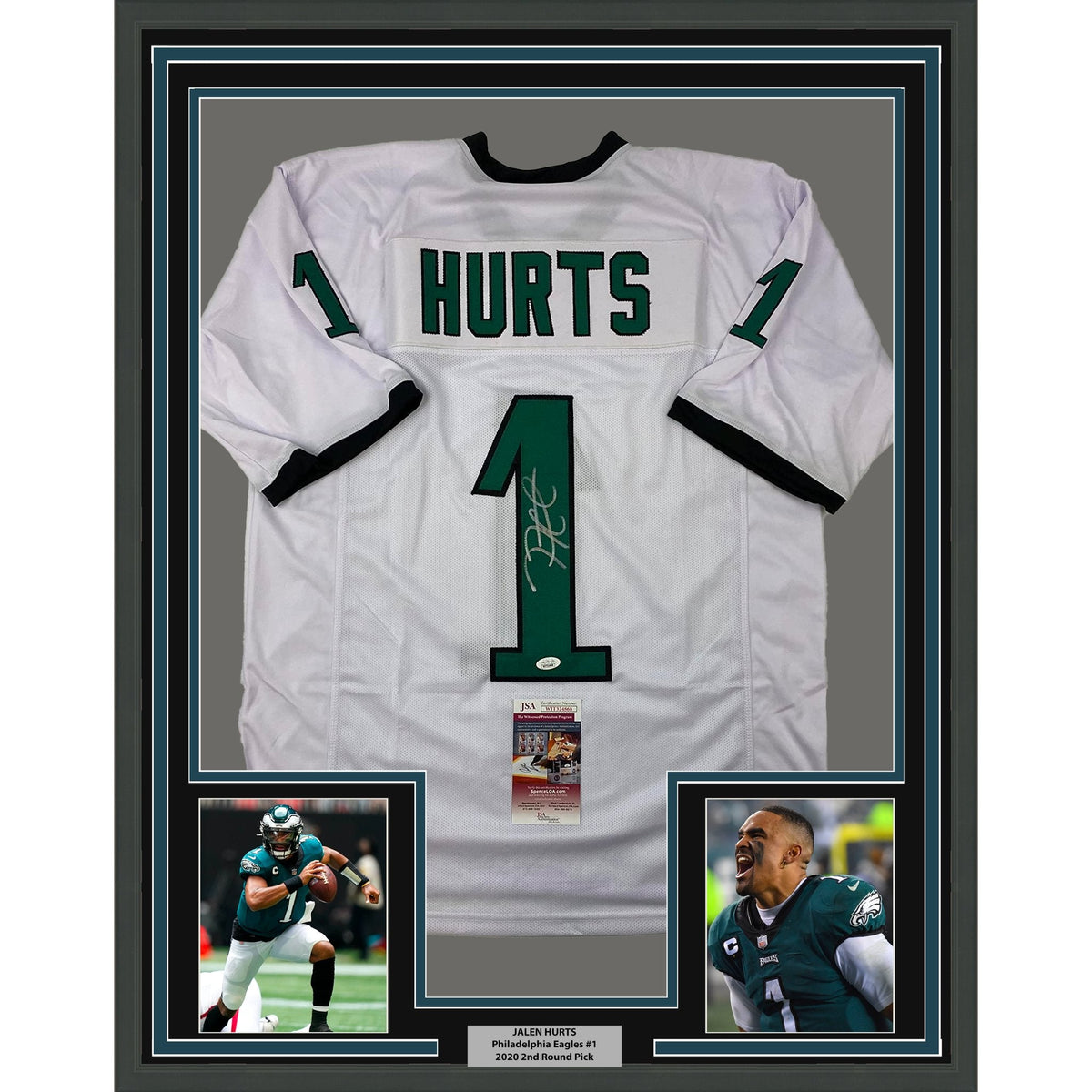 Framed Autographed/Signed Jalen Hurts 35x39 #1 Philadelphia White Football Jersey JSA COA