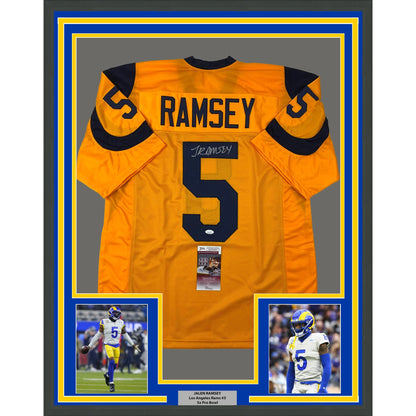 Framed Autographed/Signed Jalen Ramsey 35x39 Los Angeles LA Yellow Color Rush Football Jersey JSA COA