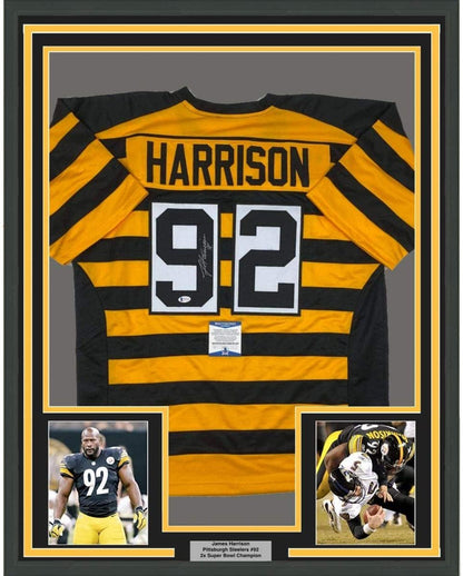 Framed Autographed/Signed James Harrison 35x39 Pittsburgh Bumble Bee Football Jersey Beckett BAS COA