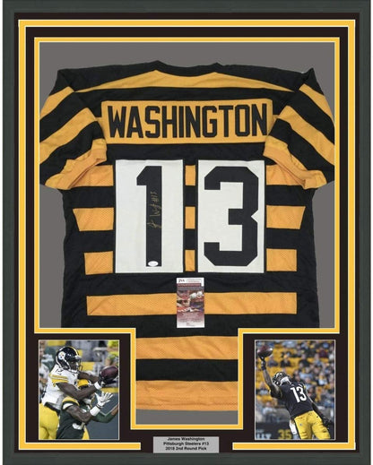 Framed Autographed/Signed James Washington 35x39 Pittsburgh Bumble Bee Football Jersey JSA COA