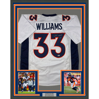 Framed Autographed/Signed Javonte Williams 35x39 Denver White Football Jersey Beckett BAS COA