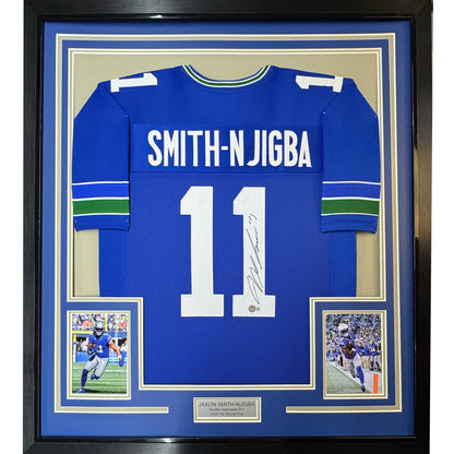 Framed Autographed/Signed Jaxon Smith-Njigba 35x39 Seattle Blue Retro Football Jersey Beckett BAS COA