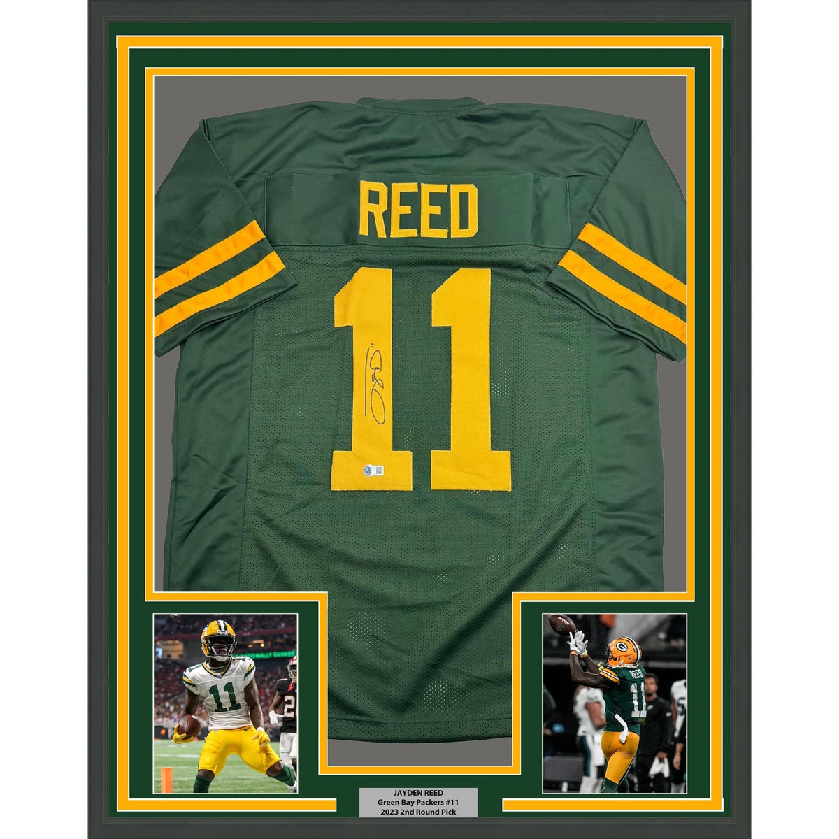 Framed Autographed/Signed Jayden Reed 35x39 Green Bay Color Rush Football Jersey Beckett BAS COA