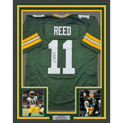 Framed Autographed/Signed Jayden Reed 35x39 Green Bay Green Football Jersey Beckett BAS COA