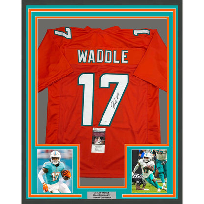 Framed Autographed/Signed Jaylen Waddle 35x39 Miami Orange Football Jersey JSA COA
