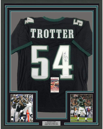 Framed Autographed/Signed Jeremiah Trotter 35x39 Philadelphia Black Football Jersey JSA COA