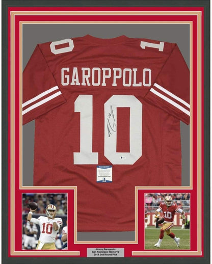 Framed Autographed/Signed Jimmy Garoppolo 35x39 San Francisco Red Football Jersey Beckett BAS COA