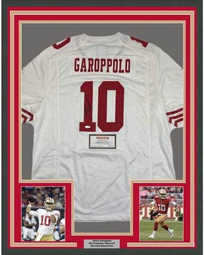 Framed Autographed/Signed Jimmy Garoppolo 35x39 San Francisco White Football Jersey Tristar COA