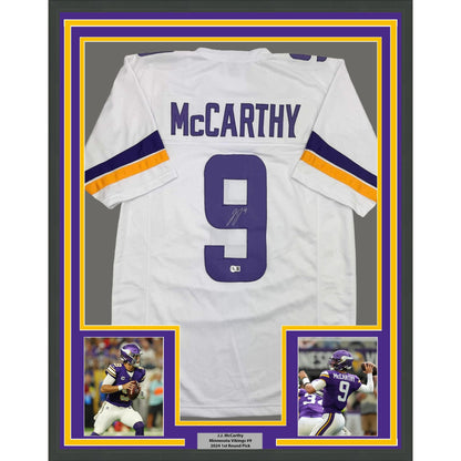 Framed Autographed/Signed J.J. JJ McCarthy 35x39 Minnesota White Football Jersey Beckett BAS COA