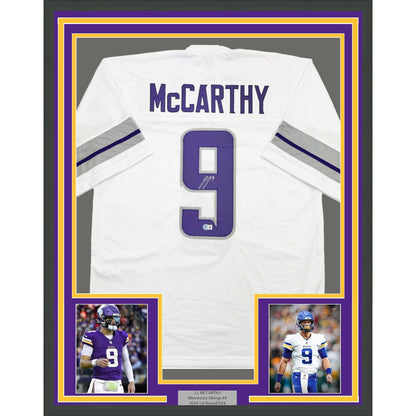 Framed Autographed/Signed J.J. JJ McCarthy 35x39 Minnesota Winter Warrior White Football Jersey Beckett BAS COA