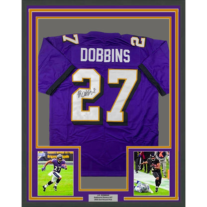 Framed Autographed/Signed JK J.K. Dobbins 35x39 Baltimore Purple Football Jersey JSA COA
