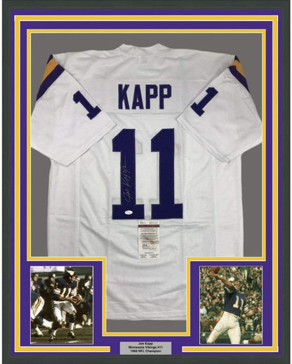 Framed Autographed/Signed Joe Kapp 35x39 Minnesota White Football Jersey JSA COA