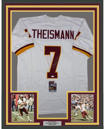 Framed Autographed/Signed Joe Theismann SB XVII Champs 35x39 Washington White Football Jersey JSA COA