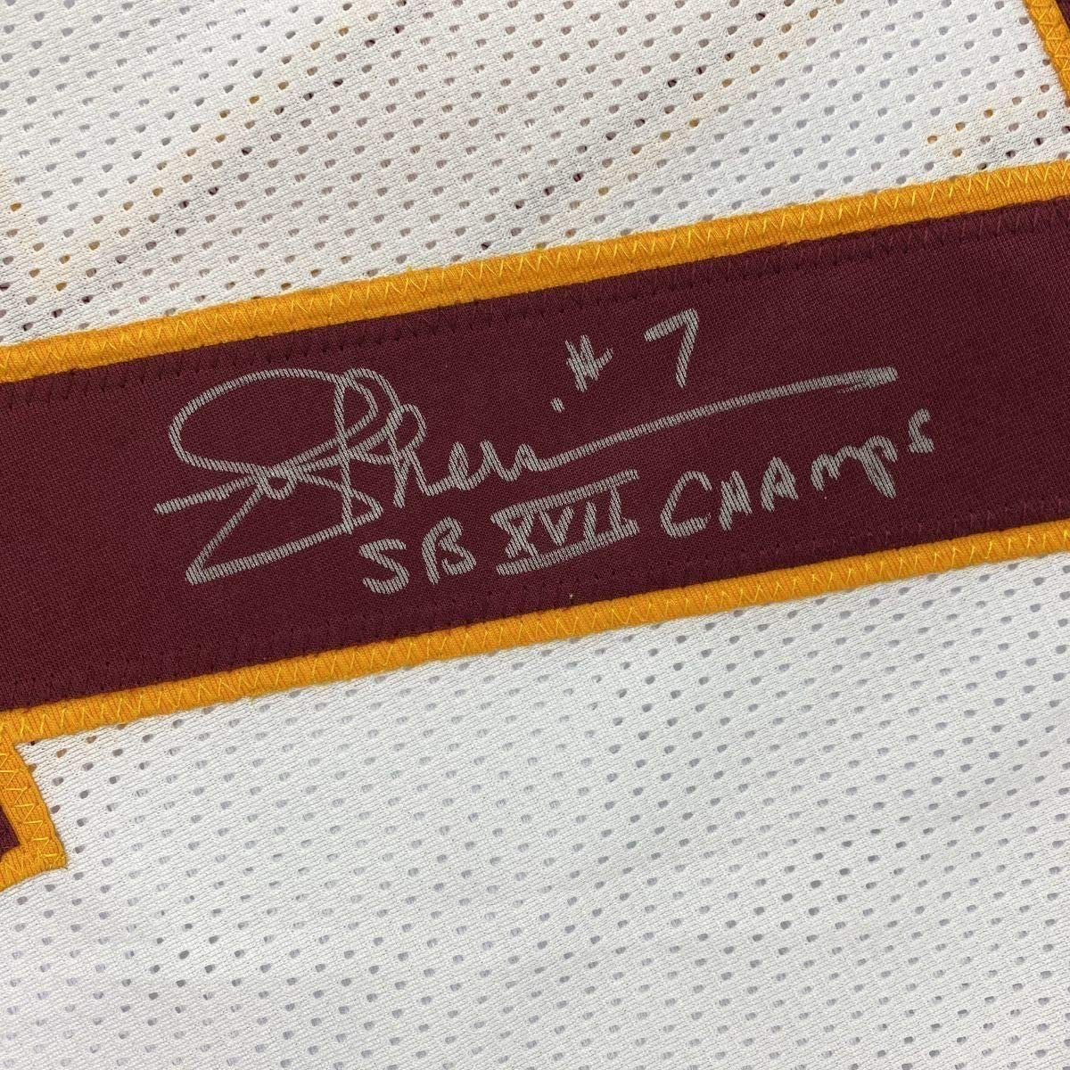 Framed Autographed/Signed Joe Theismann SB XVII Champs 35x39 Washington White Football Jersey JSA COA