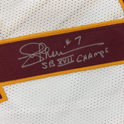 Framed Autographed/Signed Joe Theismann SB XVII Champs 35x39 Washington White Football Jersey JSA COA