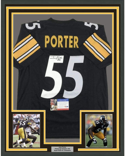 Framed Autographed/Signed Joey Porter 35x39 Pittsburgh Black Football Jersey PSA/DNA COA
