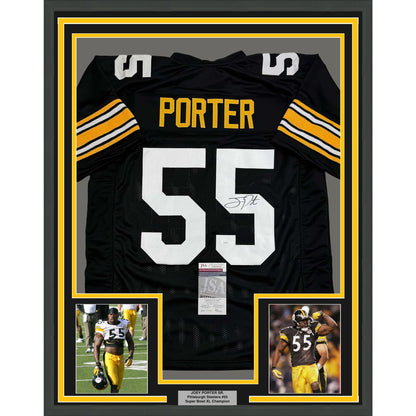 Framed Autographed/Signed Joey Porter Sr. 35x39 Pittsburgh Black Football Jersey JSA COA #2