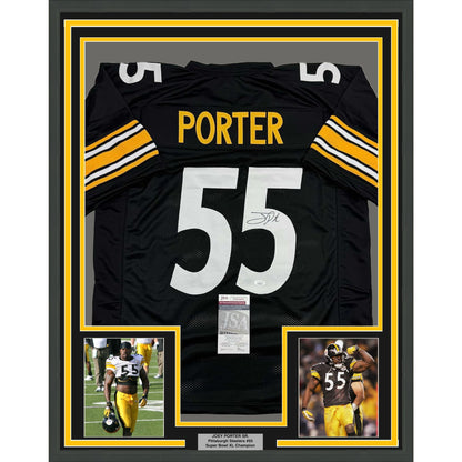 Framed Autographed/Signed Joey Porter Sr. 35x39 Pittsburgh Black Football Jersey JSA COA