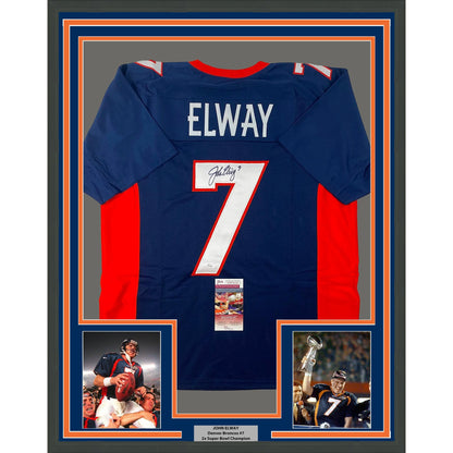 Framed Autographed/Signed John Elway 35x39 Denver Blue Football Jersey JSA COA