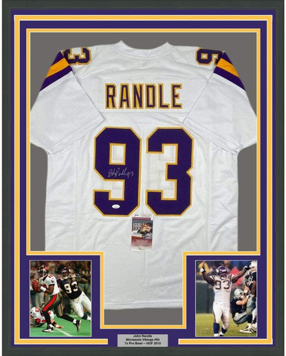Framed Autographed/Signed John Randle 35x39 Minnesota White Football Jersey JSA COA