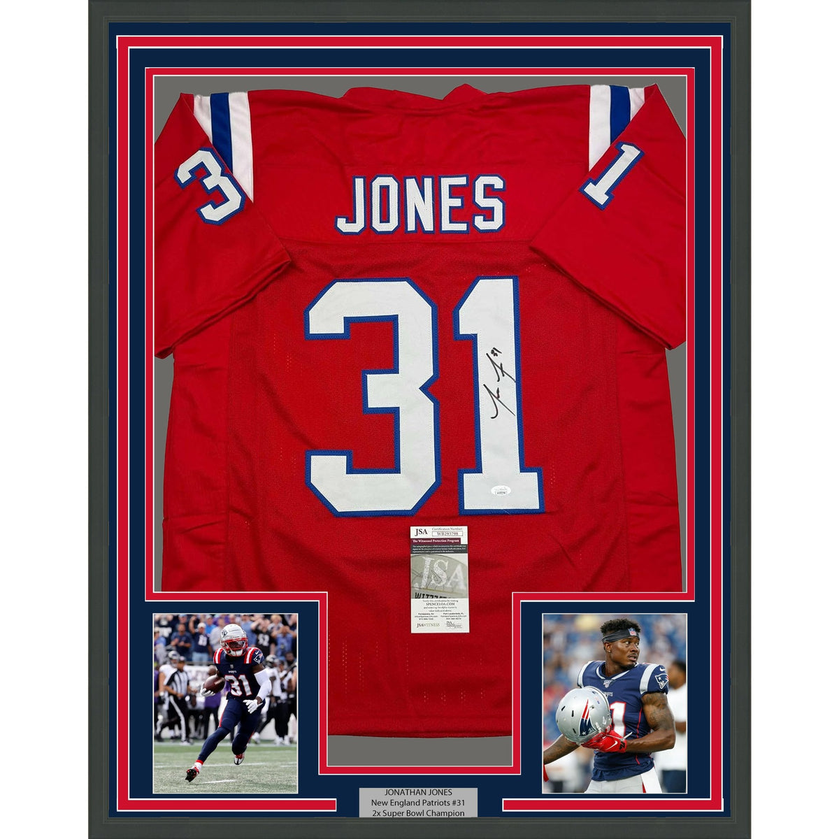Framed Autographed/Signed Jonathan Jones 35x39 New England Red Football Jersey JSA COA