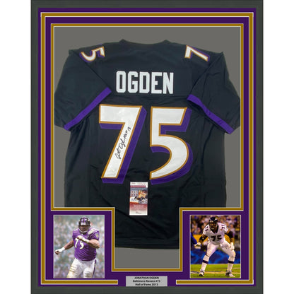Framed Autographed/Signed Jonathan Ogden 35x39 HOF 13 Baltimore Black Football Jersey JSA COA