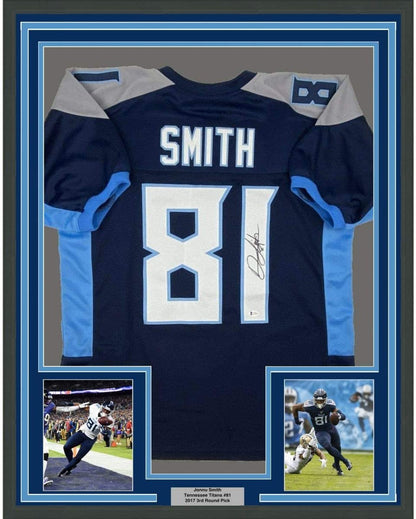 Framed Autographed/Signed Jonnu Smith 35x39 Tennessee Dark Blue Football Jersey Beckett BAS COA