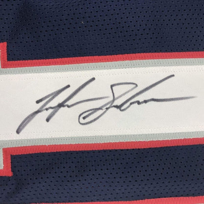 Framed Autographed/Signed Josh Gordon 35x39 New England Blue Football Jersey JSA COA