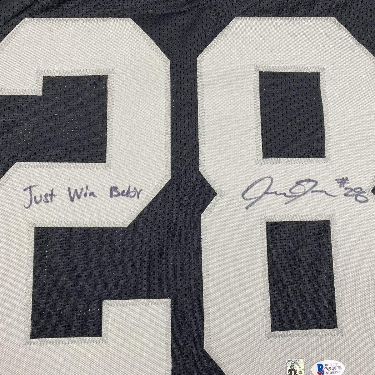 Framed Autographed/Signed Josh Jacobs Just Win Baby 35x39 Las Vegas Oakland Black Football Jersey Beckett BAS COA
