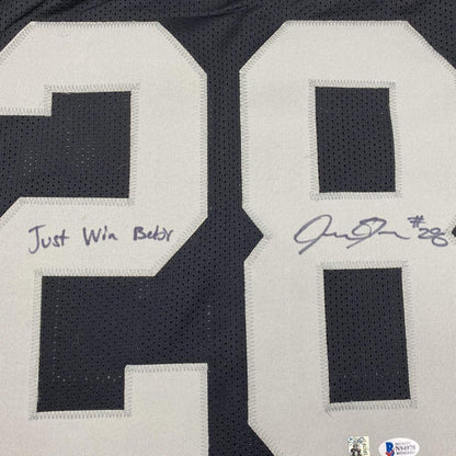 Framed Autographed/Signed Josh Jacobs Just Win Baby 35x39 Las Vegas Oakland Black Football Jersey Beckett BAS COA