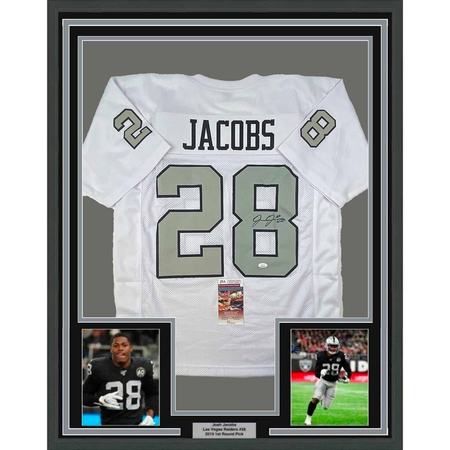 Framed Autographed/Signed Josh Jacobs 35x39 Las Vegas Oakland Color Rush Football Jersey Beckett BAS COA