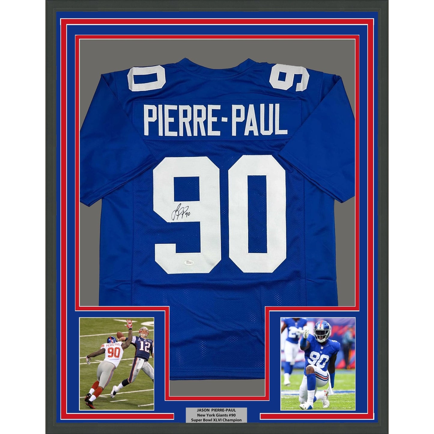 Framed Autographed/Signed Jason Pierre-Paul JPP 35x39 New York Blue Football Jersey JSA COA