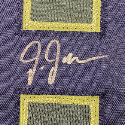 Framed Autographed/Signed Justin Jefferson 35x39 Green Salute To Service Football Jersey JSA COA