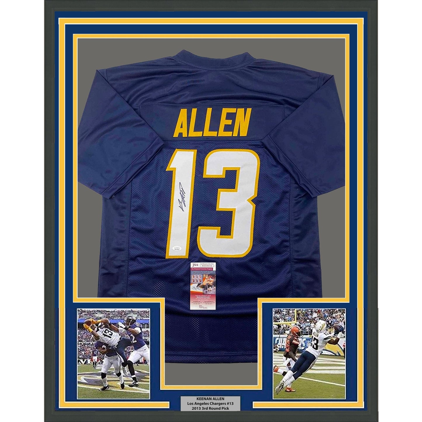 Framed Autographed/Signed Keenan Allen 35x39 Los Angeles LA Navy Blue Football Jersey JSA COA