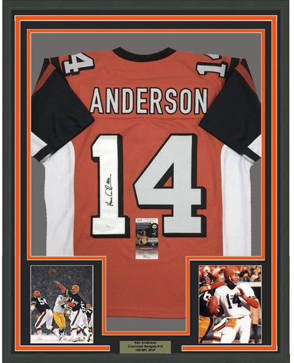 Framed Autographed/Signed Ken Anderson 35x39 Cincinnati Orange Football Jersey JSA COA