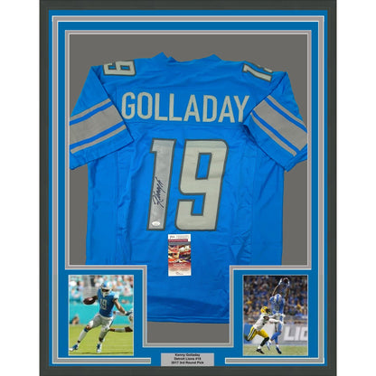 Framed Autographed/Signed Kenny Golladay 35x39 Detroit Blue Football Jersey JSA COA