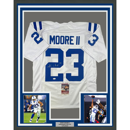 Framed Autographed/Signed Kenny Moore II 35x39 Indianapolis White Football Jersey JSA COA