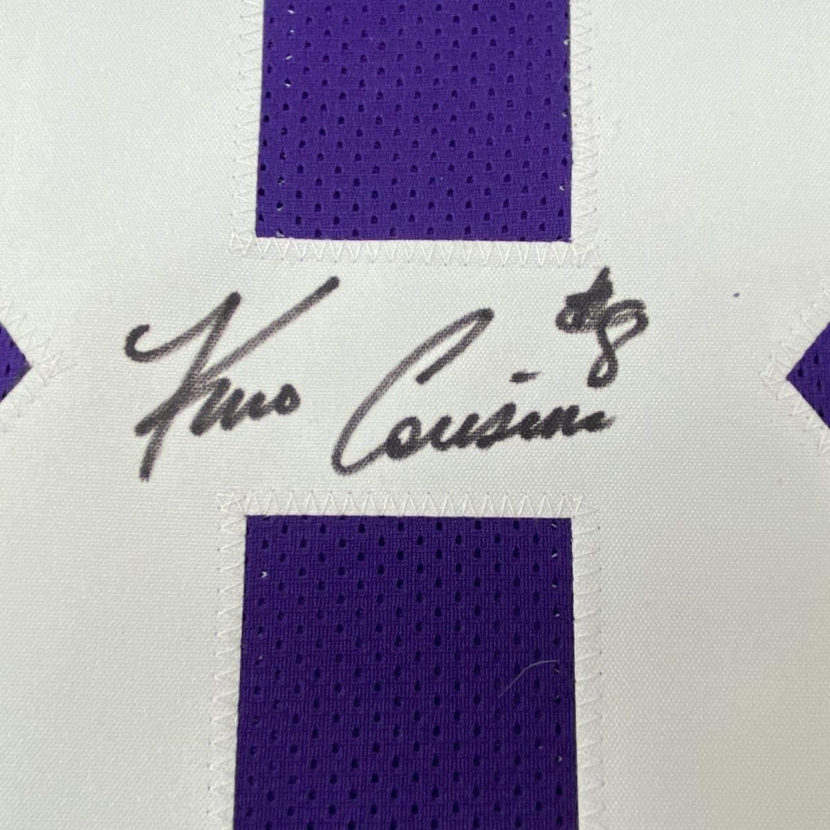 Framed Autographed/Signed Kirk Cousins 35x39 Minnesota Purple Football Jersey Beckett BAS COA