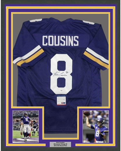 Framed Autographed/Signed Kirk Cousins 35x39 Minnesota Purple Football Jersey PSA/DNA COA