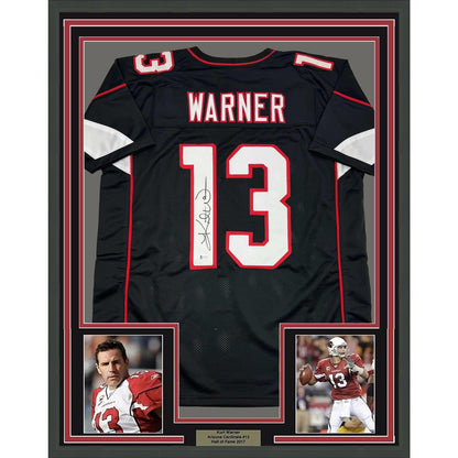 Framed Autographed/Signed Kurt Warner 35x39 Arizona Black Football Jersey Beckett BAS COA