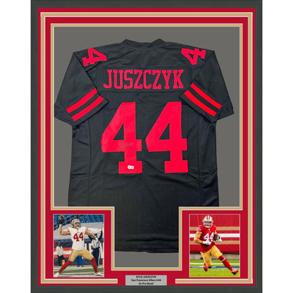 Framed Autographed/Signed Kyle Juszczyk 35x39 San Francisco Black Football Jersey Beckett BAS COA