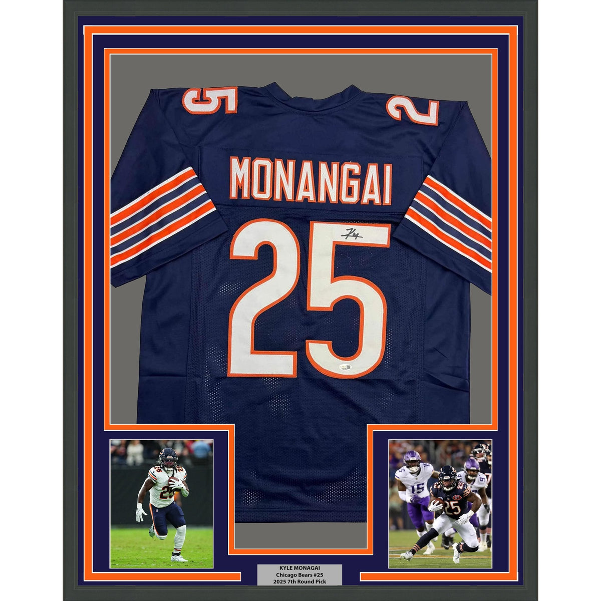 Framed Autographed/Signed Kyle Monangai 35x39 Chicago Blue Football Jersey JSA COA