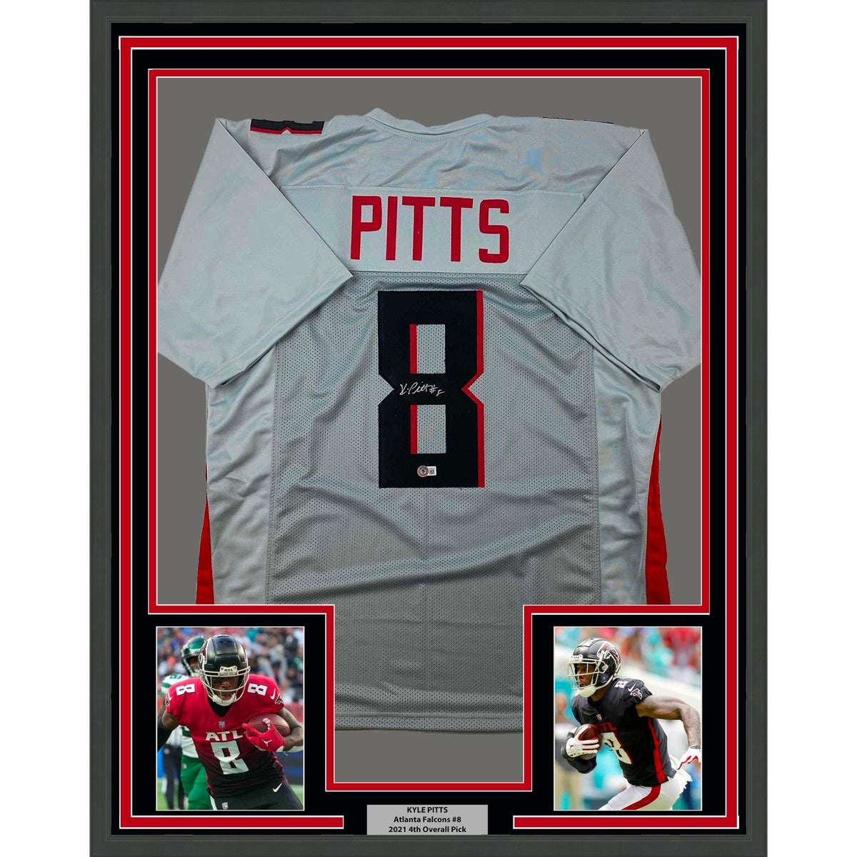 Framed Autographed/Signed Kyle Pitts 35x39 Atlanta Grey Football Jersey Beckett BAS COA